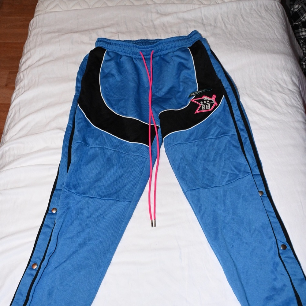 PUMA RHUDE Men's Colorblock Track Pants Blue Snap Buttons Size L